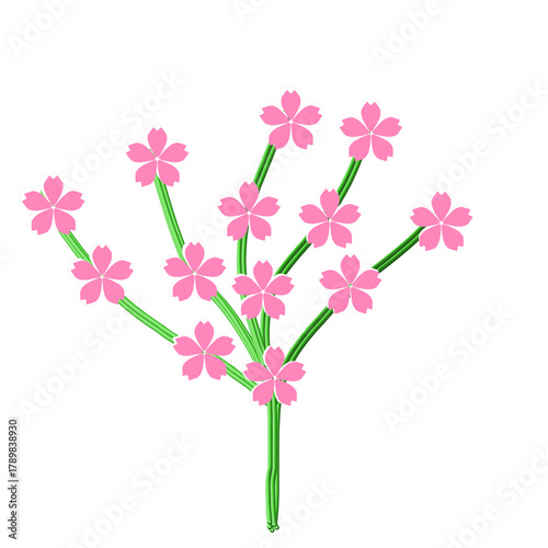 Cute pink flower branch with green stems on white background, simple floral illustration design