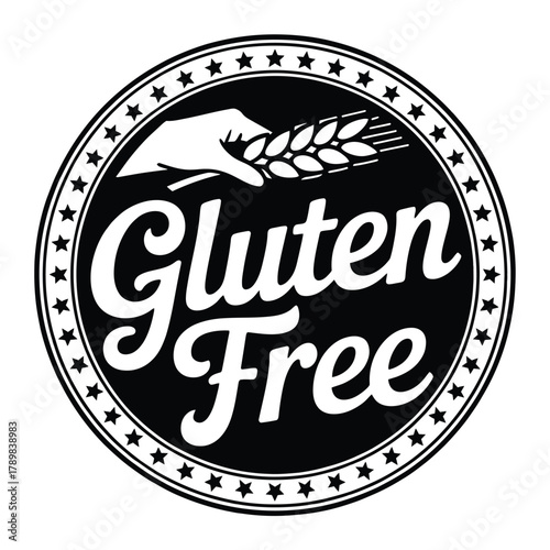 Gluten free certified emblem with wheat stalk and hand