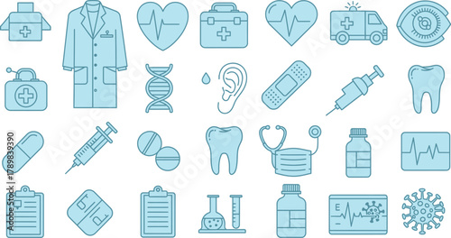 Medical Outline Icons Seamless Pattern Health, First Aid, Disease, and Treatment