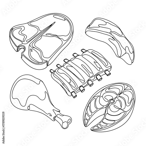 Various cuts of meat outlined in simplistic graphic style  