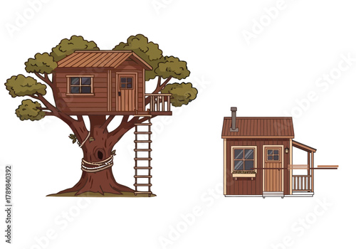 A detailed illustration of a wooden treehouse in a large tree and a small, cozy cabin on a white background.