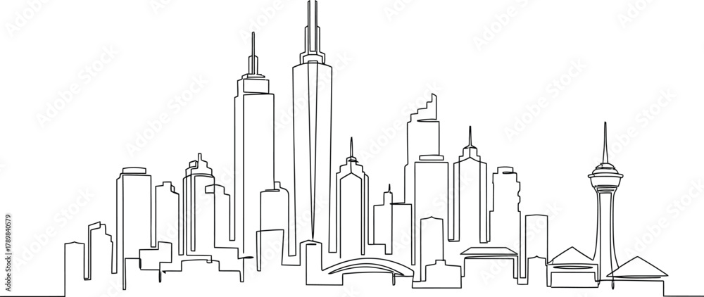 Obraz premium Modern City Skyline with Tall Buildings, One Line Art on Transparent Background
