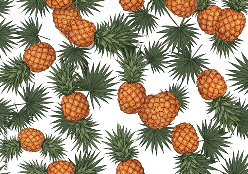 A vibrant seamless pattern of ripe pineapples and tropical palm leaves on a white background.