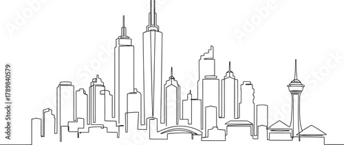 Modern City Skyline with Tall Buildings, One Line Art on Transparent Background