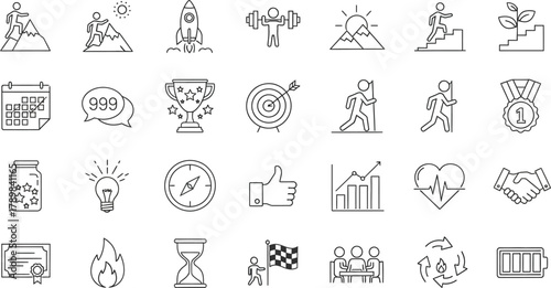 Motivation Outline Icons Set with Target, Rocket, Success and Teamwork on White