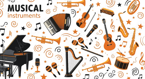 Musical Instrument Collection with Piano, Guitar, Saxophone on White Background