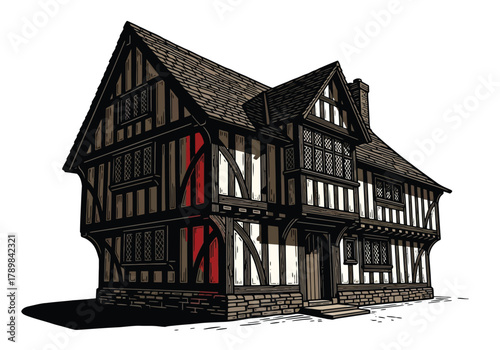Illustration of a traditional English Tudor-style house with half-timbered walls and a stone foundation.