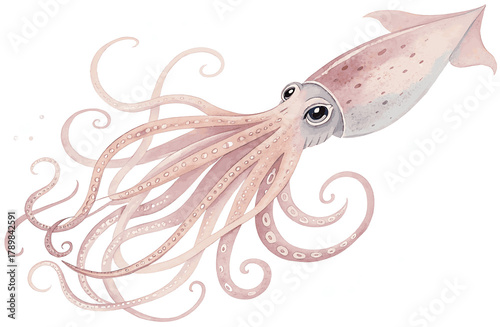 Digital watercolor squid illustration, soft pastel tones, isolated on white