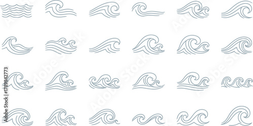 Ocean Wave Line Art Set, Minimalist Blue Wave Elements on White Background, Line Design
