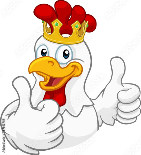A chicken rooster cockerel bird cartoon character in a kings gold crown giving a thumbs up