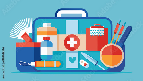 A blue suitcase with a red cross on it and a heart. Inside the suitcase are various medical supplies