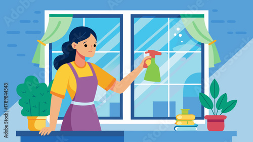 A woman is cleaning a window with a spray bottle. She is wearing a yellow shirt and a purple apron