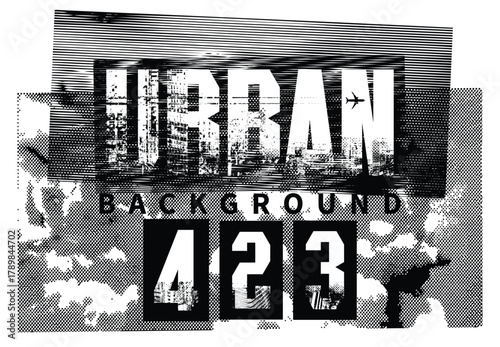 Vector word urban in grunge style on pixels background and elements of big city architecture, airplane. Urban, sreet art theme. Logo, t-shirt design, poster. No ai