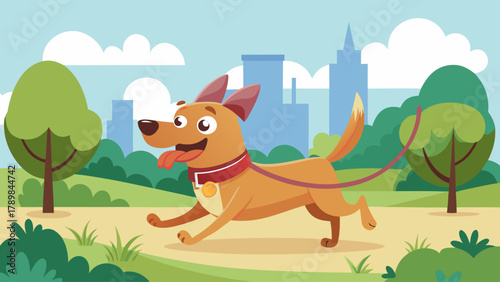 A cartoon dog is running in a park with a leash. The dog is wearing a red collar and he is happy. The park is filled with trees and grass, creating a peaceful and relaxing atmosphere