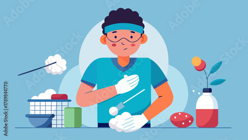 A man in a blue shirt is wearing gloves and holding a syringe. He is preparing to give a shot