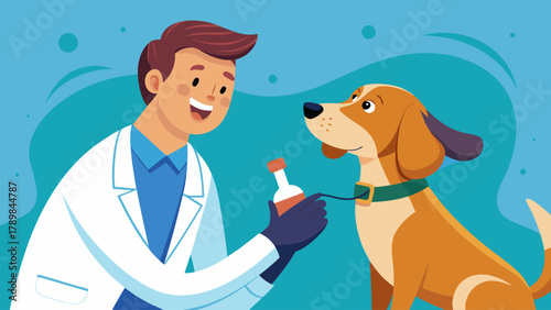 A man in a white lab coat is holding a bottle of medicine for a dog. The dog is sitting on the ground and he is happy