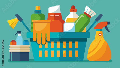 A basket full of cleaning supplies including a bottle of Windex. The basket is blue and green