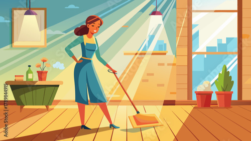 A woman is cleaning a floor with a mop. The room is bright and sunny, and there are potted plants in the background