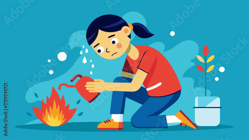 A girl is kneeling down in front of a fire, trying to put it out. She is crying and she is in distress