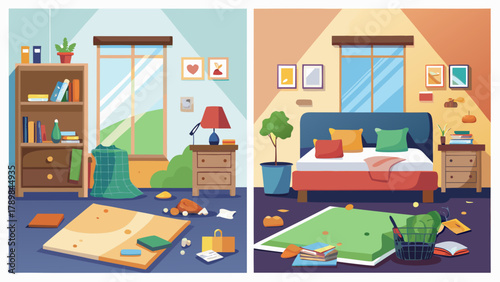 Two rooms, one is messy with a disorganized floor and a messy bed. The other room is clean and tidy