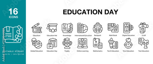Education Day icon set. Includes education, day, school, learning, study, teacher and More. Editable Stroke Icon Collection.