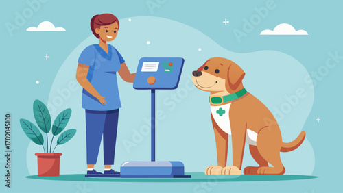 A woman is standing next to a dog in front of a scale. The dog is wearing a collar