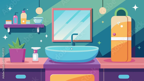 A bathroom with a sink, mirror, and a bottle of soap. The sink is blue and the mirror is above it