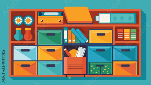 A colorful wooden shelf with many drawers and boxes. The boxes are filled with various items such as books, papers, and bottles. The shelf is organized and well-stocked, giving off a sense of order