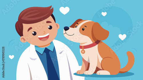 A man in a white lab coat is petting a dog. The dog is wearing a red collar