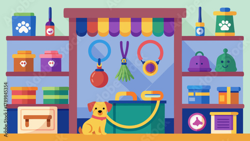 A dog is sitting in front of a pet store with a sign that says "Pet Store". The store is filled with various items for pets, including a dog leash, a dog toy, and a dog grooming kit
