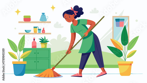 A woman is cleaning a floor with a broom. The room has a green color scheme and has a potted plant in the corner