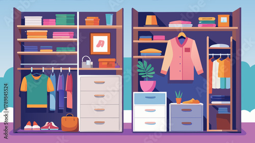 Two closets with clothes and a potted plant. The closet on the left has a green shirt and a pair of shoes