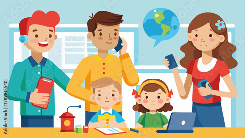A family is gathered around a table with a laptop and cell phones. The man on the phone is talking to someone, while the woman is looking at her cell phone. The children are sitting at the table