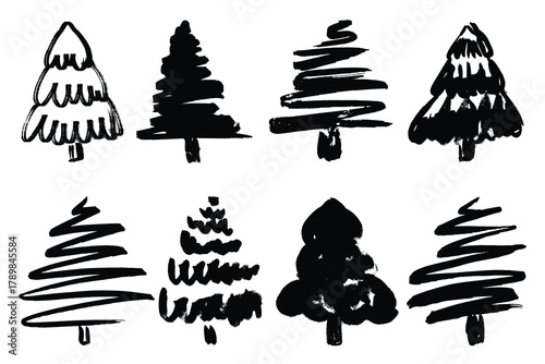 Marker Drawn Christmas Trees Silhouettes Set. Hand drawn brush stroke Christmas trees. Doodle ink painted fir trees for New Year and Christmas cards, posters, cover, wrapping paper 