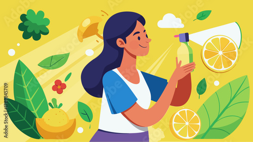 A woman is holding a spray bottle with a green cap and a bottle of orange juice. The image is a cartoon of a woman spraying something on a plant