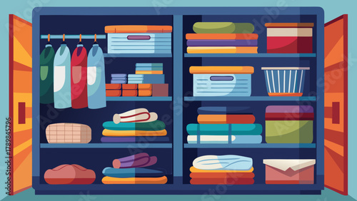 A blue closet with clothes hanging on the racks. The closet is full of clothes and has a lot of space