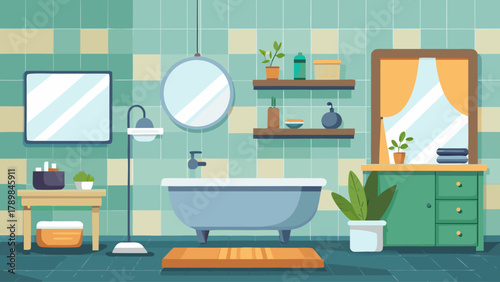 A bathroom with a bathtub, mirror, and shelves. The bathroom is clean and well-organized