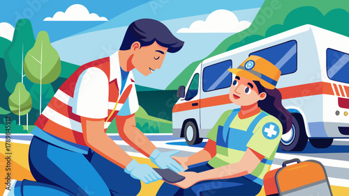 A man and a woman are helping a person who is injured. The man is wearing a vest and the woman is wearing a green shirt. They are both kneeling down and the man is holding the woman's hand