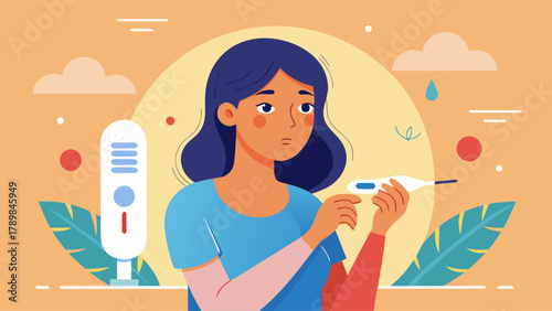 A woman is holding a thermometer and looking at it. The background features a woman holding a remote control