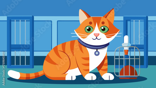 A cartoon cat is sitting on the floor in front of a cage. The cat is wearing a collar and has a smile on its face