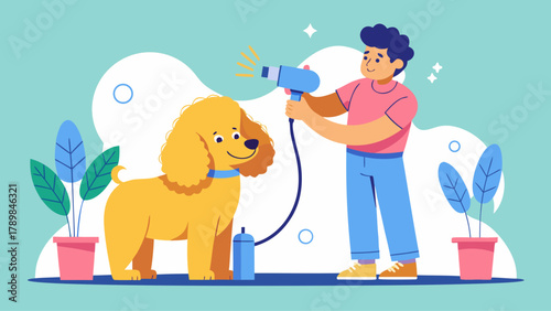 A boy is drying a dog with a blow dryer. The dog is a poodle. The boy is smiling and the dog is happy