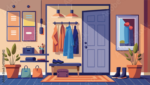 A room with a door and a bench. There are clothes hanging on the door. A potted plant is on the floor