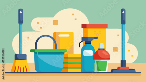 A cleaning supplies display with a green bucket and a blue mop. The bucket is on the left and the mop is on the right