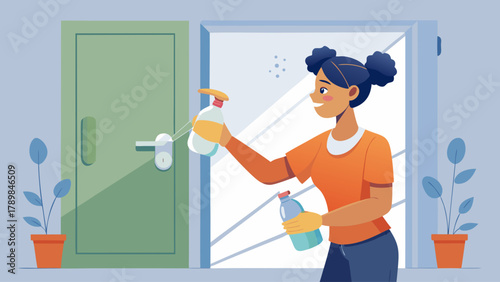 A woman is cleaning a window with a spray bottle. She is wearing an orange shirt and blue jeans