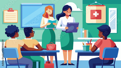 A teacher is standing in front of a group of students. She is holding a tablet and reading a book. The students are sitting in chairs around her