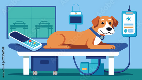 A cartoon dog is laying on a hospital bed with a syringe in its mouth. The dog is smiling and he is happy. The scene is set in a hospital room, with a TV in the background and a chair nearby