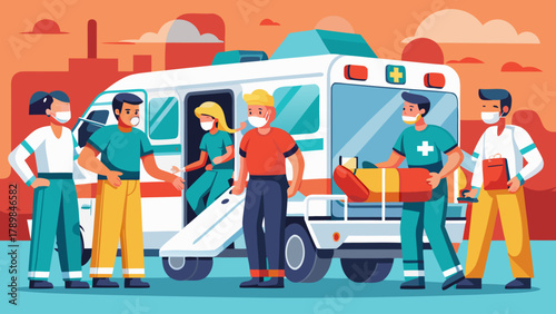 A group of people are standing outside of an ambulance. The people are wearing masks and some of them are carrying medical equipment. Scene is serious and focused on the medical professionals