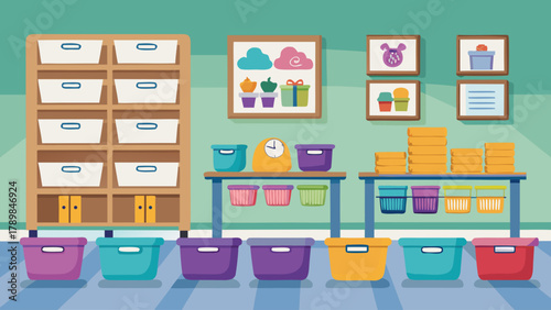 A colorful room with a clock on the wall and a lot of storage bins. The room is bright and cheerful, with a lot of storage space for toys and other items