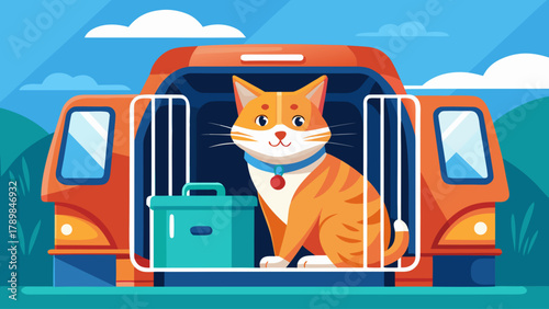 A cat is sitting in the back of a car with a green box next to it. The cat is smiling and he is happy