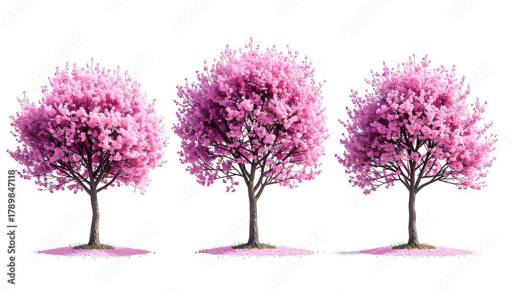 Obraz premium Trio of pink, full blossom trees against a black backdrop